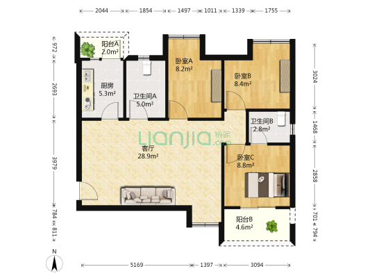 武汉天街 3室1厅2卫 96平方