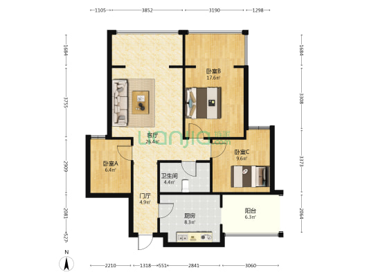 中铁金山 3室1厅1卫 78平方