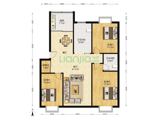 贵都花园 3室1厅2卫 134平方