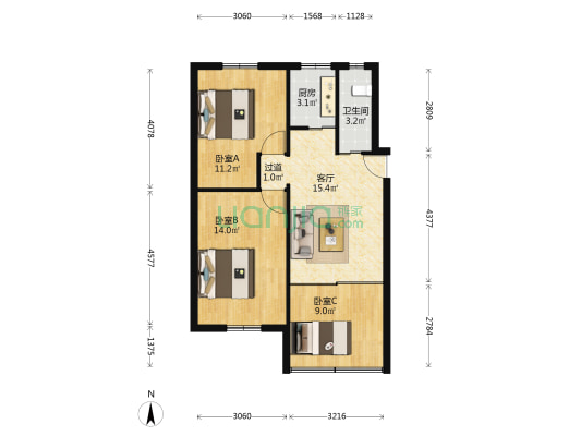 二凉亭 3室1厅1卫 67平方