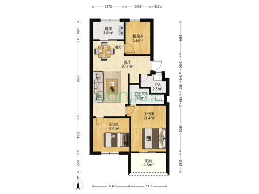百花新苑二区 3室1厅2卫 75平方