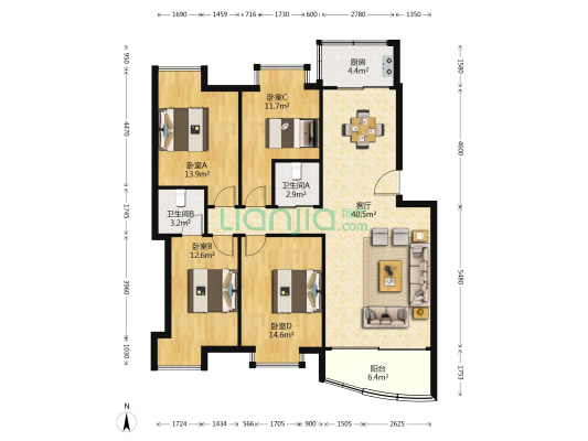 南锦园 4室1厅2卫 128平方