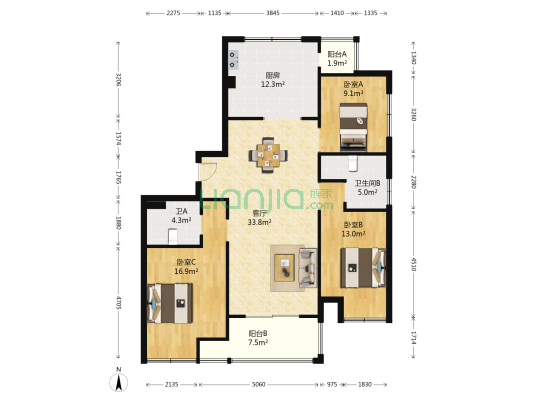 金色海塘 3室1厅2卫 123平方