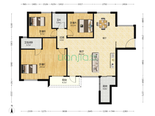 中天会展城B区B6组团 3室1厅2卫 136平方