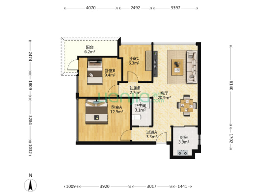 名门华府 3室1厅1卫 61平方