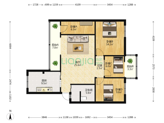 永香二区南区 4室1厅1卫 107平方