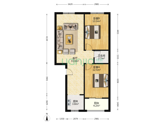 育才家园 2室1厅 南-户型图