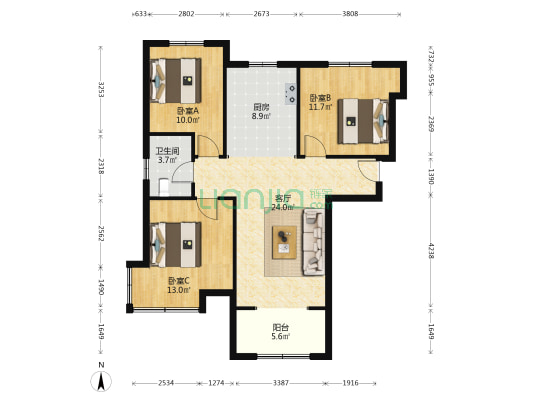 此房是满二年的，经典南北三居室，自住装修标准-户型图