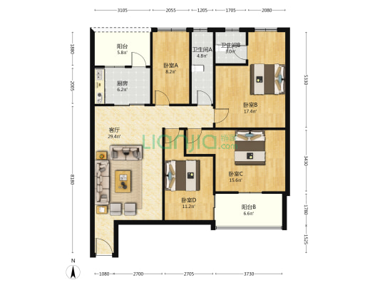 家乐苑 4室1厅2卫 104平方