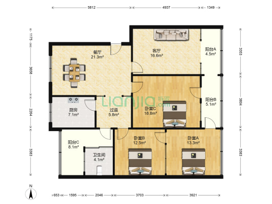 府园路 3室2厅1卫 135平方