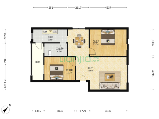 鸿坤小区 2室1厅1卫 95平方