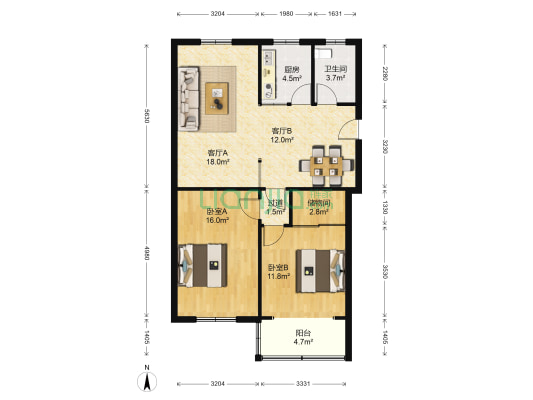 民丰公寓 2室2厅1卫 87平方