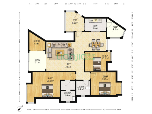 玺龙湾 3室1厅2卫 128平方