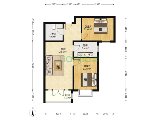 房本在手满二年随时过户全南两居室 ，楼间距80米，-户型图