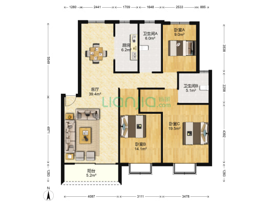 滨江花园 3室1厅2卫 120平方