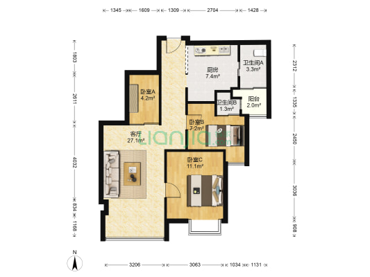 海印集团中心 3室1厅2卫 80平方