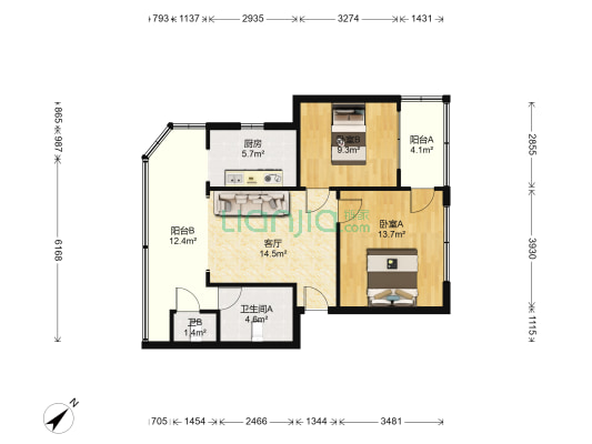 四川省汽车工业公司宿舍 2室1厅2卫 73平方