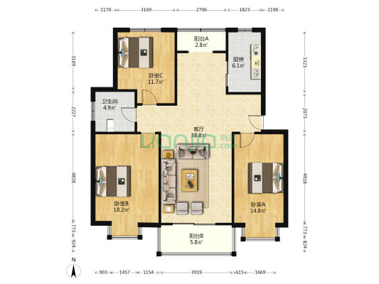锦城香格里拉东区 3室1厅1卫 116平方