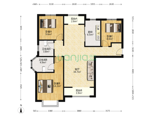 三居南北通透，户型方正，高楼层，花园小区，拎包入住-户型图