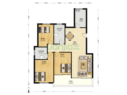 丰中名邸一期 3室1厅2卫 128平方