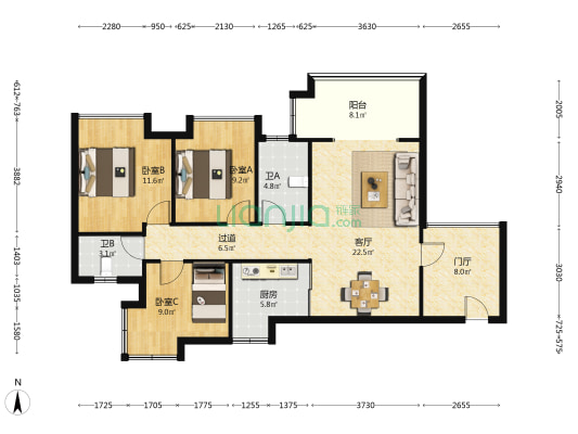 中央公园 3室1厅2卫 109平方