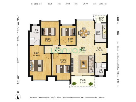 招商金地时代天璞 4室1厅2卫 113平方
