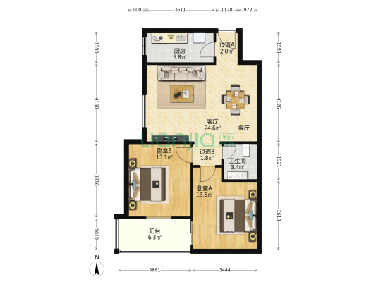 东方世纪城 2室1厅1卫 97平方