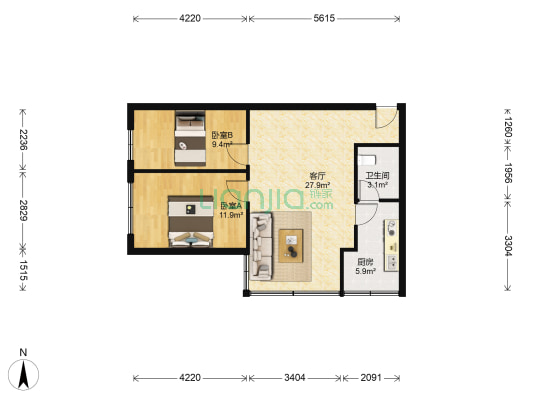 五柳街34号 2室1厅1卫 65平方