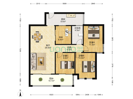 保利国际高尔夫花园塞纳河畔 4室1厅1卫 97平方