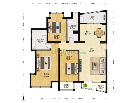 世纪星城 3室2厅2卫 129平方