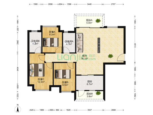 沁美家园 3室1厅2卫 110平方