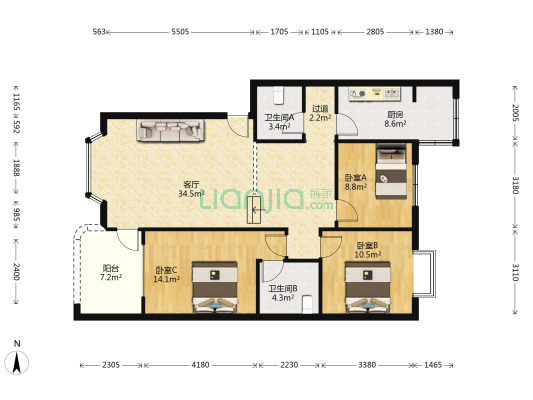 青江馨苑 3室1厅2卫 108平方