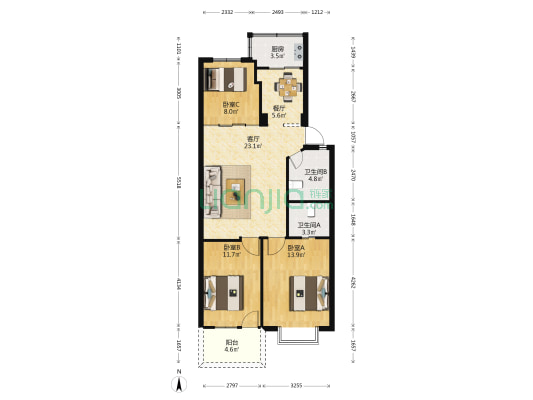 福祥楼（荣恩东港） 3室2厅2卫 89平方