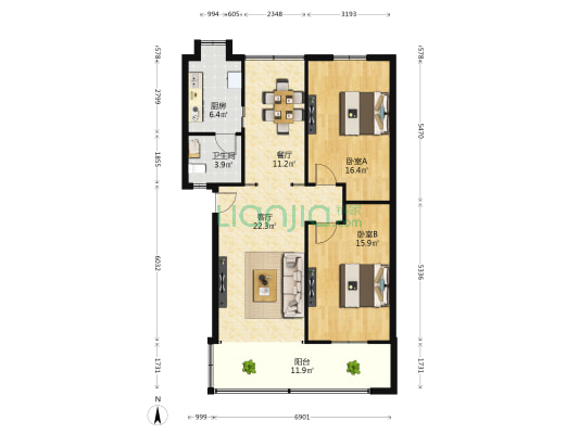 花果山社区 2室2厅1卫 99平方