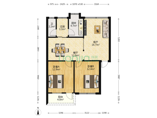 桂花小区 2室2厅1卫 80平方