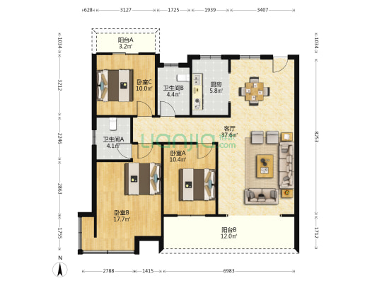 三禾园(广丰区) 3室1厅2卫 126平方