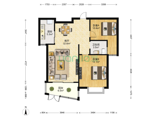 朗晴园 2室1厅1卫 88平方