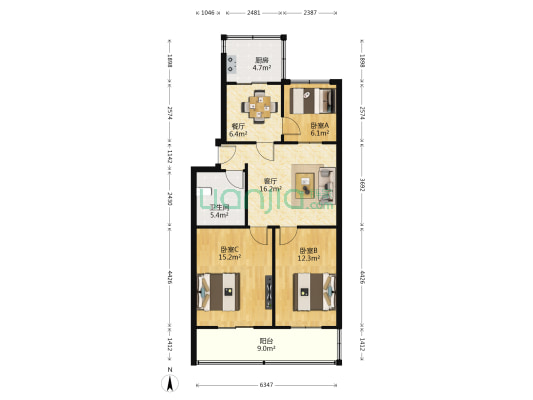 陕西省总工会家属院(雁塔) 3室2厅1卫 92平方