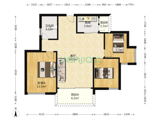 恒福星汇国际公馆 3室1厅1卫 89平方