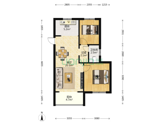 绿地国际街区 2室1厅1卫 74平方