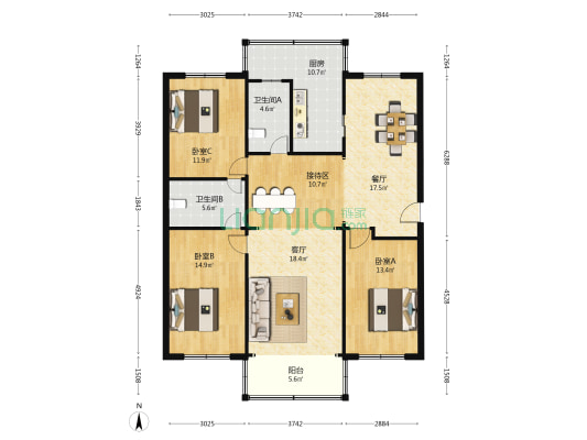 康德公寓 3室2厅2卫 140平方