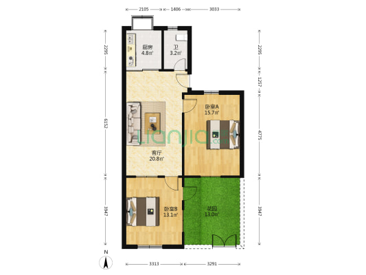 木材公司62号院 2室1厅1卫 62平方