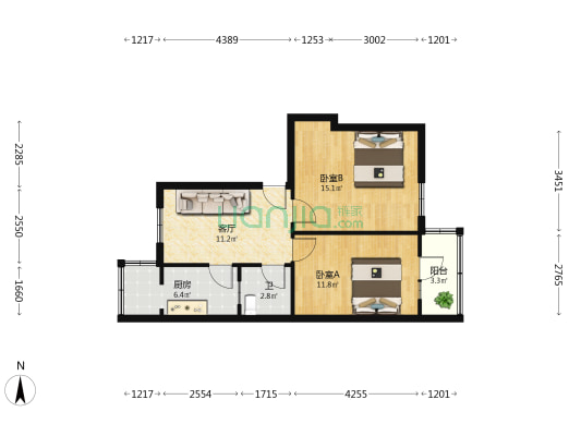 民主路 2室1厅1卫 63平方