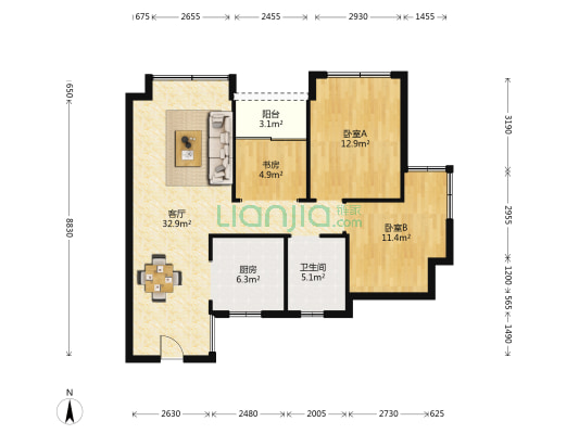 华发蔚蓝堡三期 3室1厅1卫 85平方