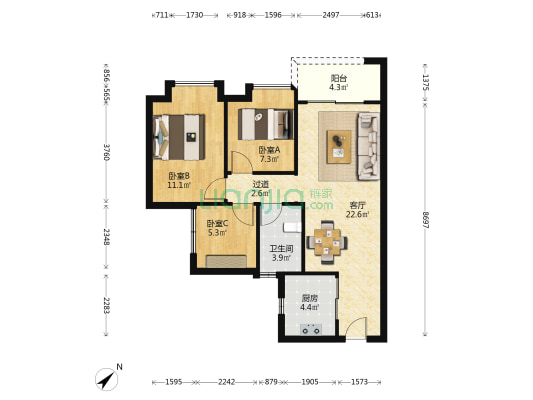 保利天汇一期 3室1厅1卫 77平方