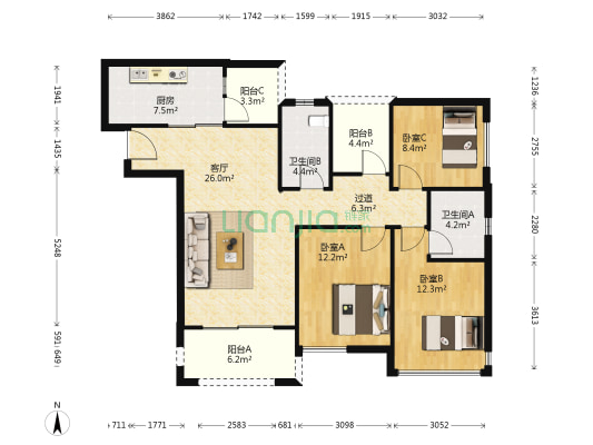 户型方正，朝向好，住家安静，出行方便-户型图