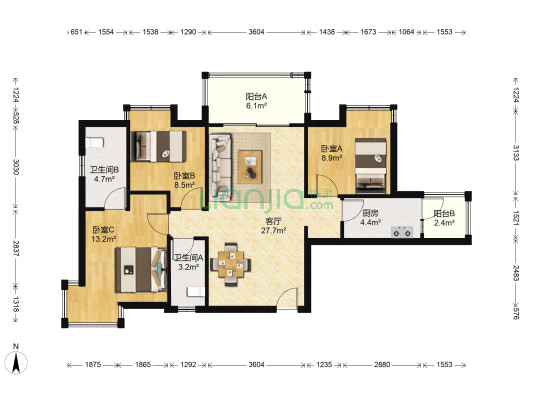 城启十三行广场 3室1厅2卫 103平方