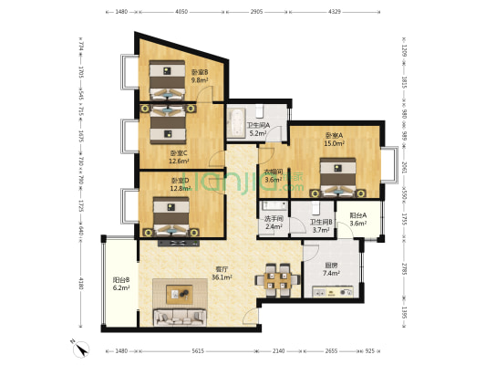 瑞光花园 4室1厅3卫 133平方