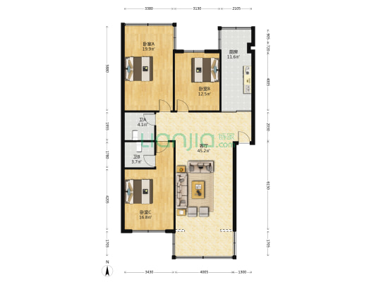 轧花厂小区 3室1厅2卫 126平方