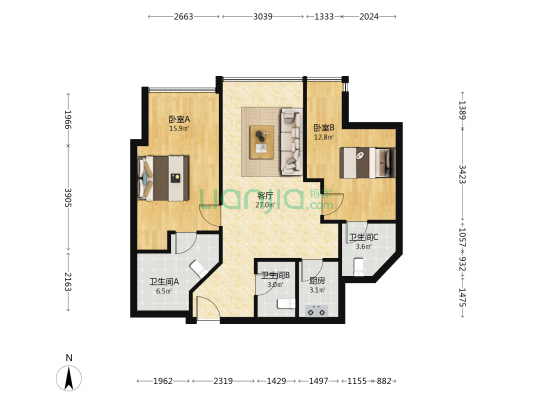 运达国际广场 2室1厅3卫 117平方